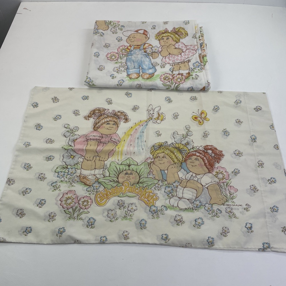 Cabbage Patch Kids Flat Sheet Pillowcase Twin Unisex White Vintage 1983 2pc Set